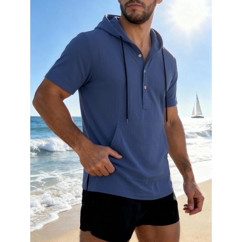 Mens Solid Color Loose Casual Short Sleeve Hooded Shirt