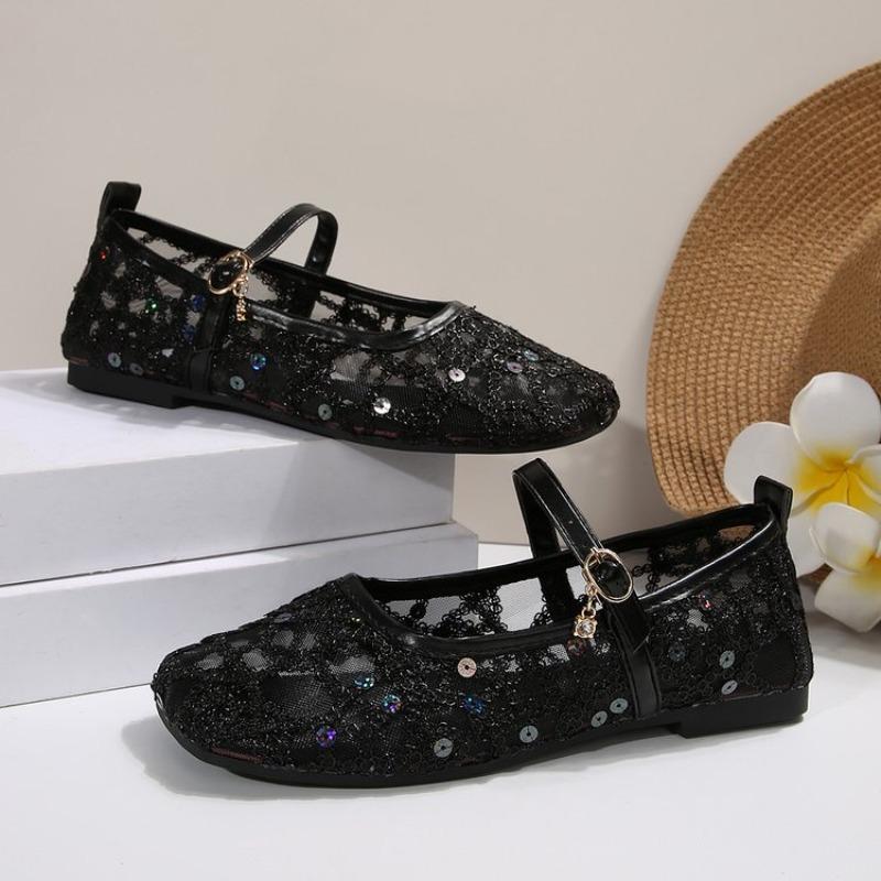 Fashion Low Heel Shoes Women's Summer Square Head Shallow Mouth Sequin Cloth Line with Soft Soles Non-slip Flat Shoes