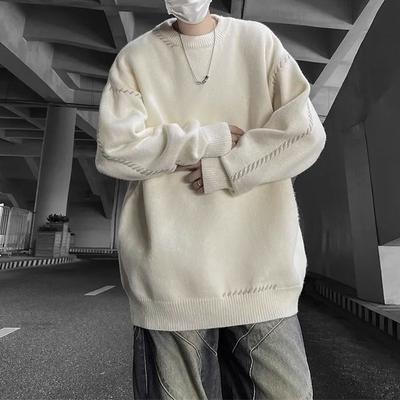 Japanischer Stil Einfarbige Strickpullover Herbst Winter Vintage O-Ausschnitt Herrenbekleidung Schicke Helle Linien Dekoration Lockere Pullover