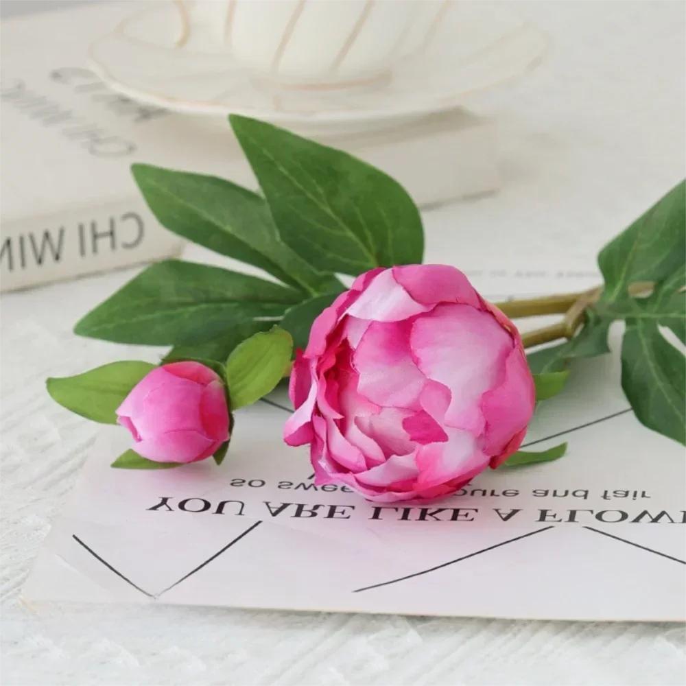 Floare de bujor simulată realistă cu 2 capete, stil european, din mătase, flori artificiale de bujor, buchet fals de bujori pentru decor acasă, nuntă