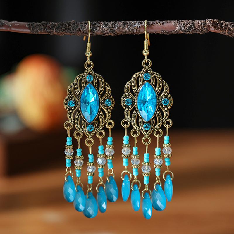 Blue Fashion Boho Temperament Water Drop Feather Earrings for Women Long Crystal Rhinestone Drop Oil Dangle Earring Jewelry