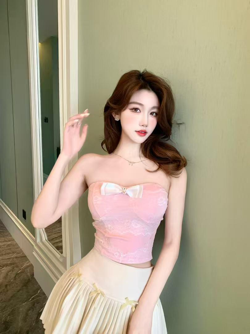 

Women s Strapless Lace Bow Bandeau Top with Built-in Bra - Spring/Summer Bodycon Style One Size (Premium Quality) рожевий