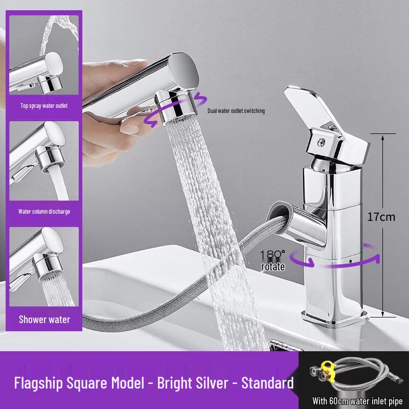 

TLXT Square Bright Silver Pull-Out Bathroom Sink Faucet