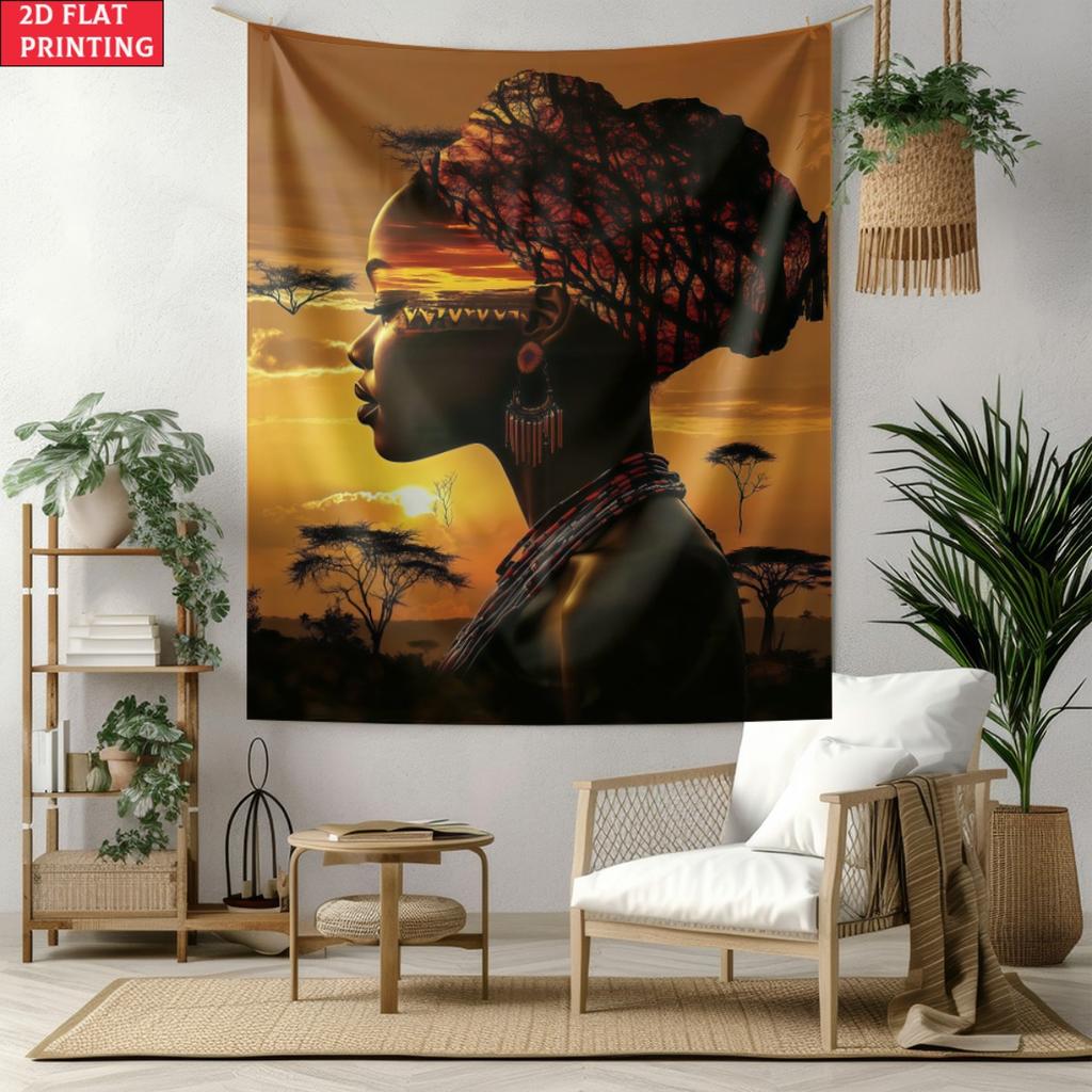 African Woman Sunset Silhouette Art Wall Tapestry Ethnic Tribal Decor Bohemian Bedroom Living Room Cultural Art Print
