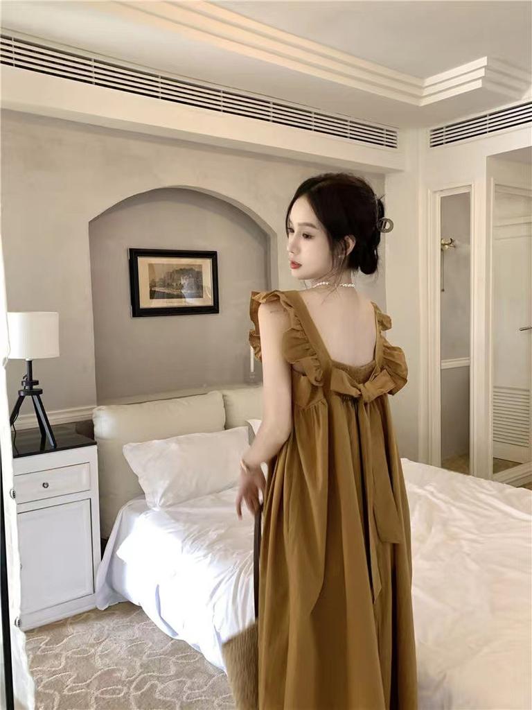 Sweet backless flying sleeves bow strap dress summer new vacation meat cover thin a word long skirt