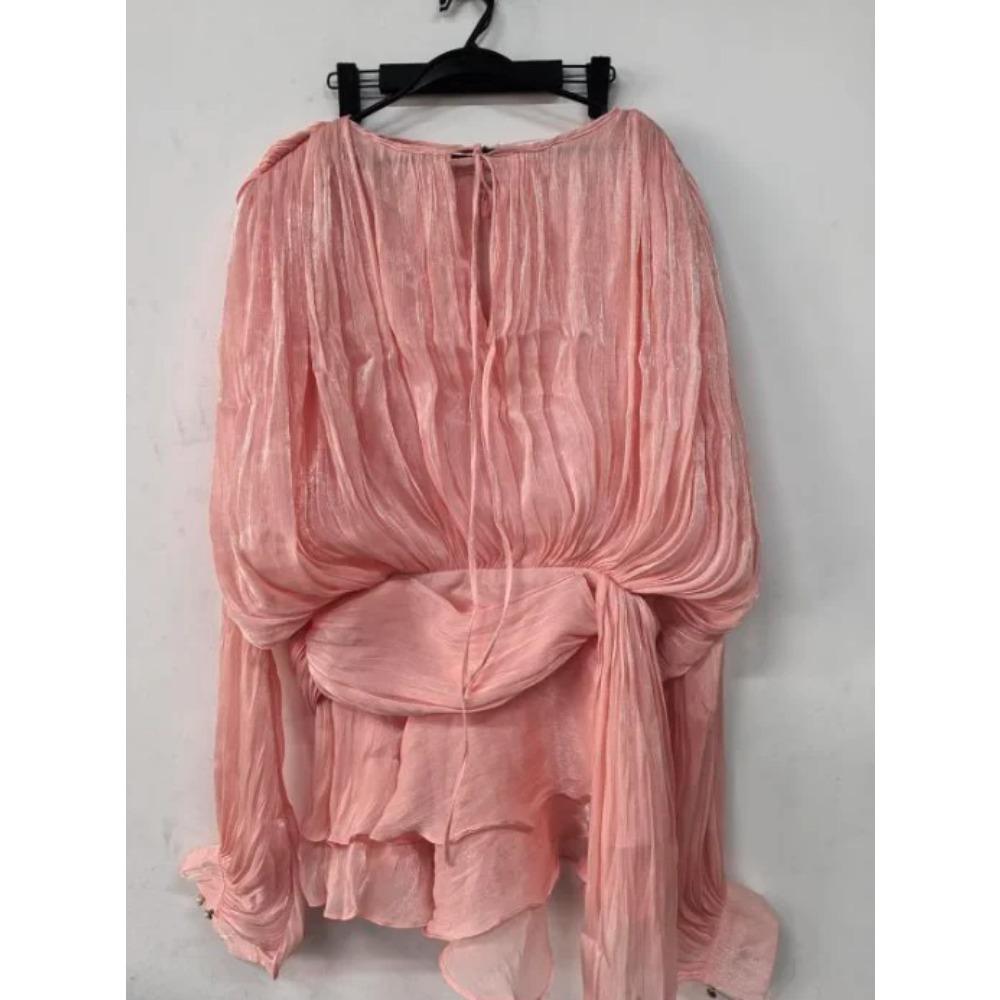 Solide Patchwork Schnürkleider für Damen O-Ausschnitt Langarm Hohe Taille Gespleißte Falten Temperament Kleid Damenmode