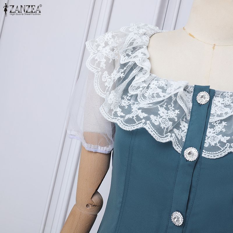 ZANZEA Women Lace Patchwork Round Neck Casual Short Sleeve Long Dress