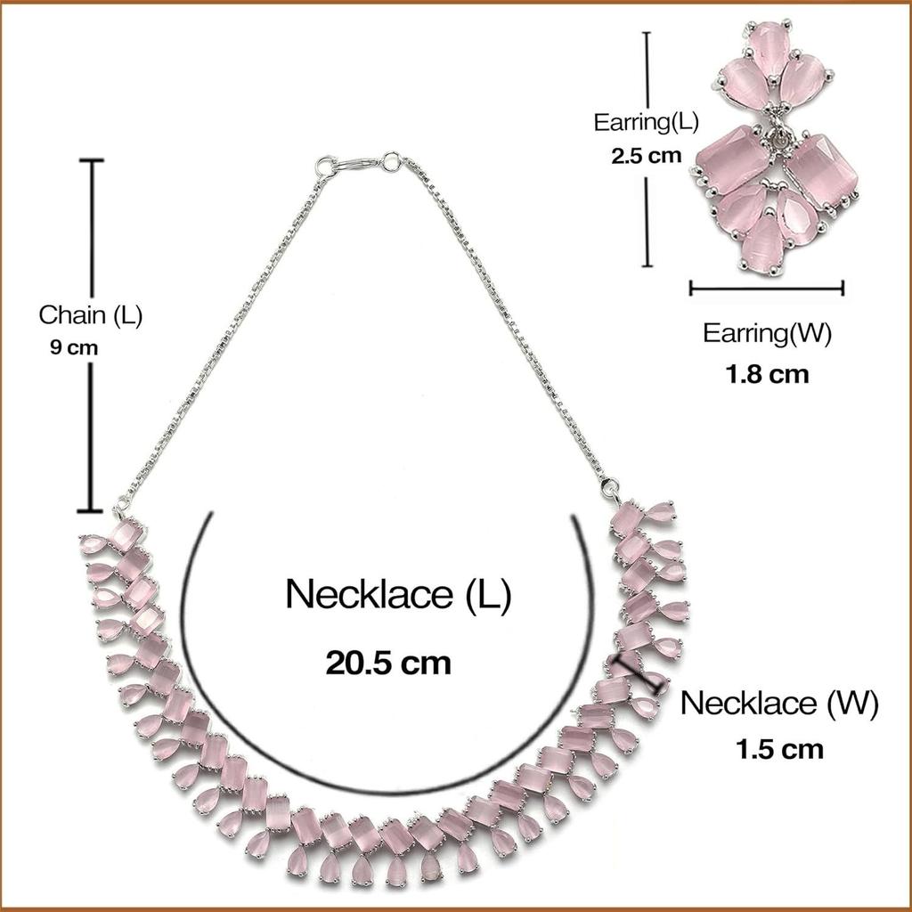 Rhodium-Plated Silver Toned Pear Shaped American Diamond Studded Necklace with Earrings Jewellery Set with Girls and Women