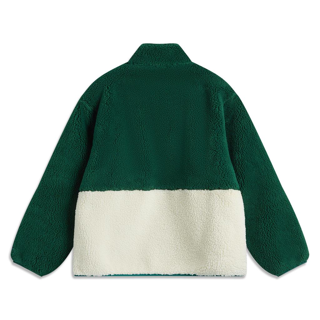 Li Ning Sportovní lifestylová série Teplá ležérní všestranná volná fleecová bunda se stojáčkem odolná proti větru Unisex bundy Zelená AFDUC95-2