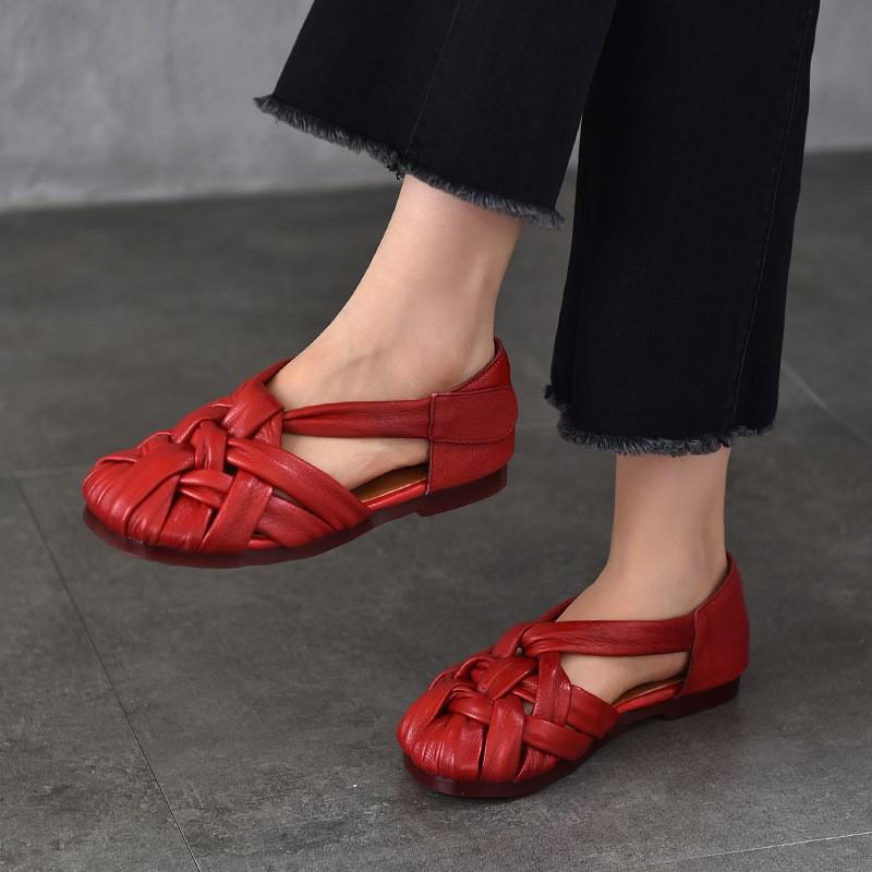 Johnature Genuine Leather Flat Roman Sandals Woven Hollow-out Breathable Women's Shoes