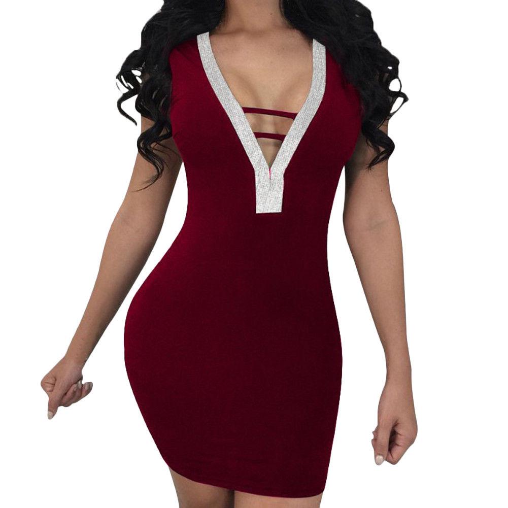 Deep Sexy Women V Rhinestone Backless Mini Dress Bodycon Sleeveless Dress Party