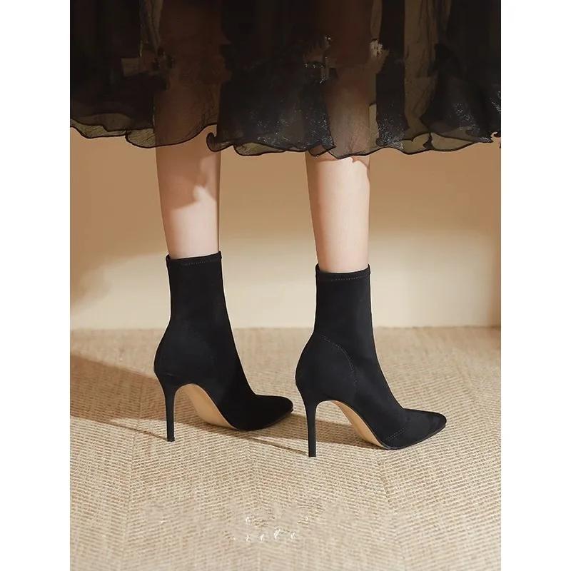 HOT Mid-Schaft Stiefel Elastische Stiefel Spitzschuh Dünne Absätze Für Frauen Mujer Schwarz Knöchel Stretchstoff Winter High Heel Stiefel Rom