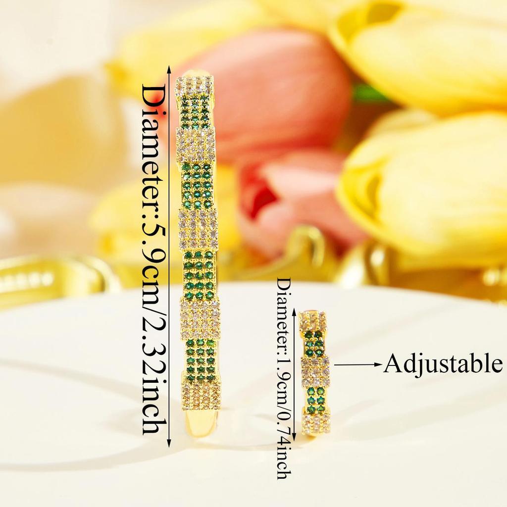 CMM Böhmisches grünes Armreif-Ring-Set Golden funkelnde Zirkonia Handaccessoires für trendigen Partyschmuck Frauen
