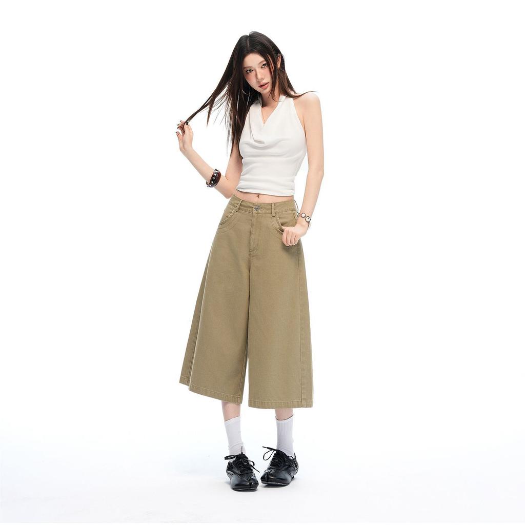 Fashion Summer Loose Straight Khaki Cropped Capri Casual Pants For Women Trendy Versatile Slimming FigureFlattering Daily Wear