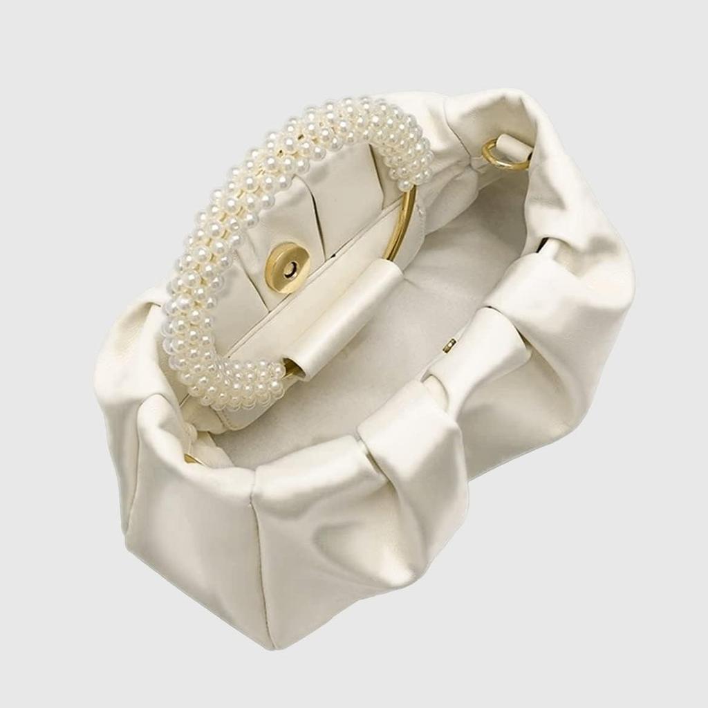 Women's Ruched Leather Bag Luxury Pearl Bags Wedding Clutch for Party Ball Crossbody Bags