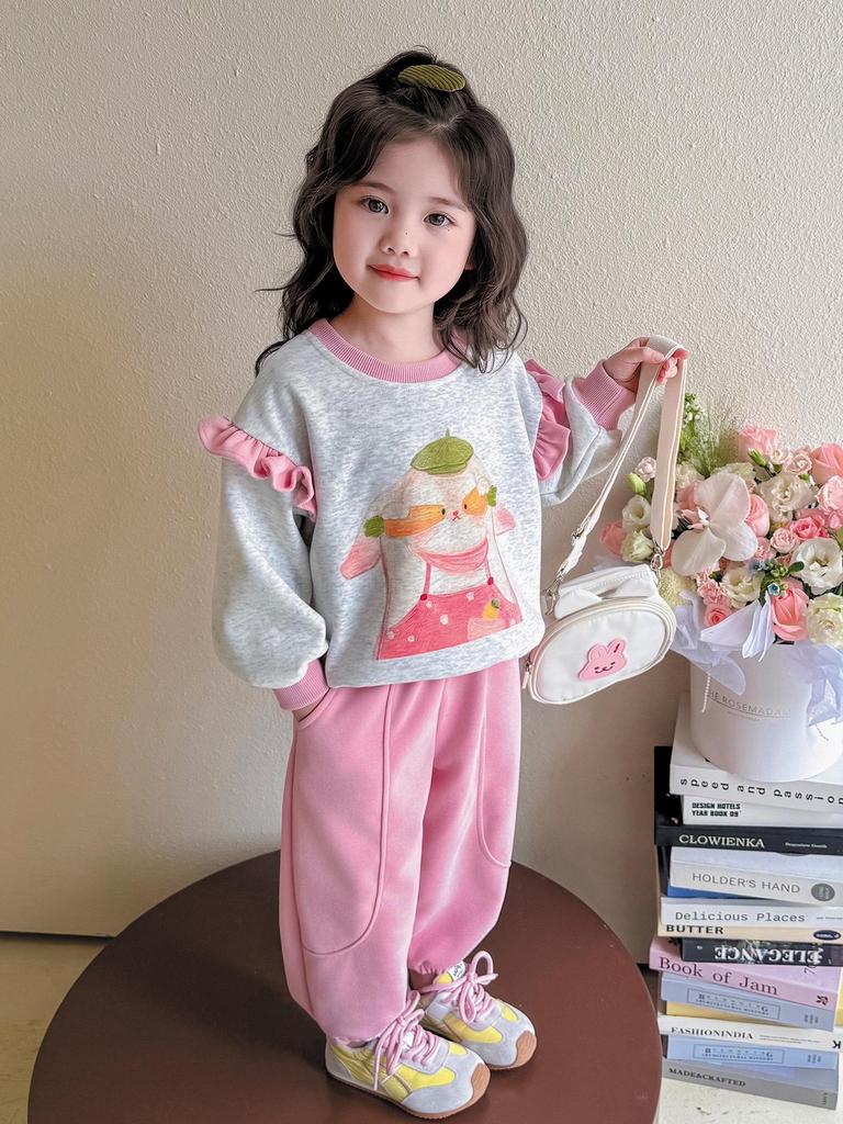 Girls' Sweet Cartoon Sweatshirt Set - Spring/Autumn Fashion Two-Piece Casual Outfit.