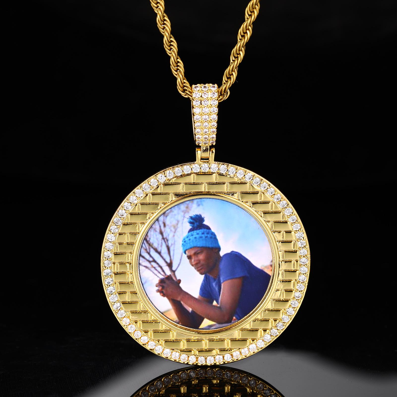 European & American Full Diamond Zircon Hip Hop Square Photo Necklace - Trendy and Versatile Pendant Jewelry