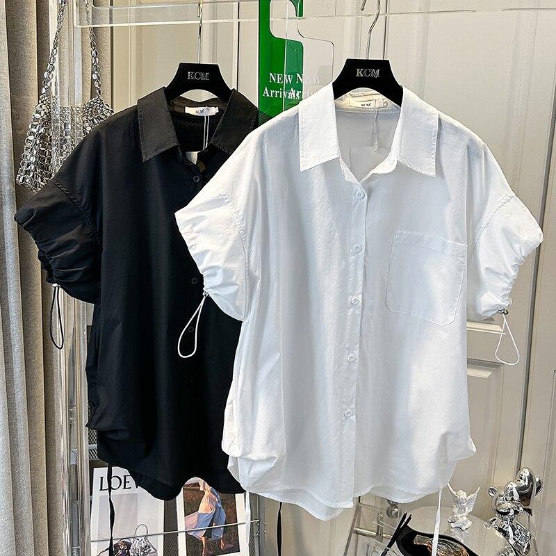 Fashion Turn Down Collar Single Breasted Shirt Puff Short Sleeve Casual Loose Lace-up Drawstring Tops White Summer Blouse 27514