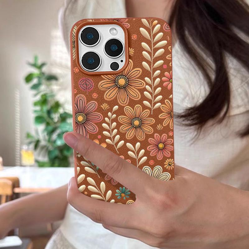 Minimalist Full-Coverage Line Art Daisy Pattern Shockproof Soft TPU Leather Texture Cover Case for iPhone 17 Pro Max Air 16e 16 15 14 13