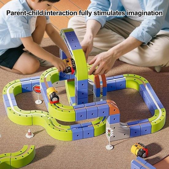 1 Set Magnetic Track Building Block Train Toy DIY Educational Children Electric Train Puzzle Track Toy with Road Signs Toddlers Boys Girls Gift