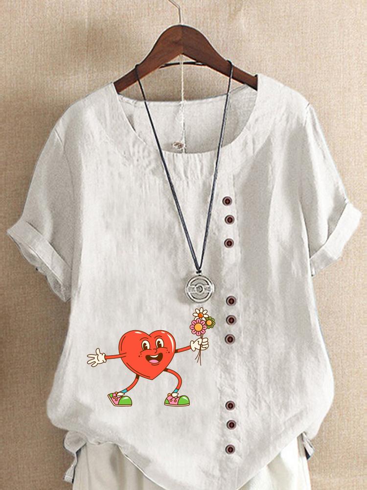 Women's Fashion Heart Shaped Floral Print Round Neck Short Sleeve T-shirt Summer Casual Cotton Linen Graphic Shirt Leisure Loose Blouse Tops