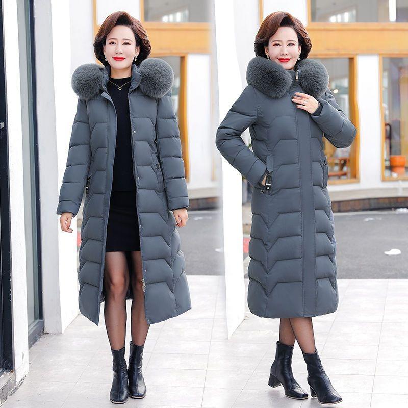 Winter Hooded Slim Down Cotton Jacket Solid Color Fur Collar Thick Parkas Coat Middle-aged Mother Warm Over-The-Knee Overcoat