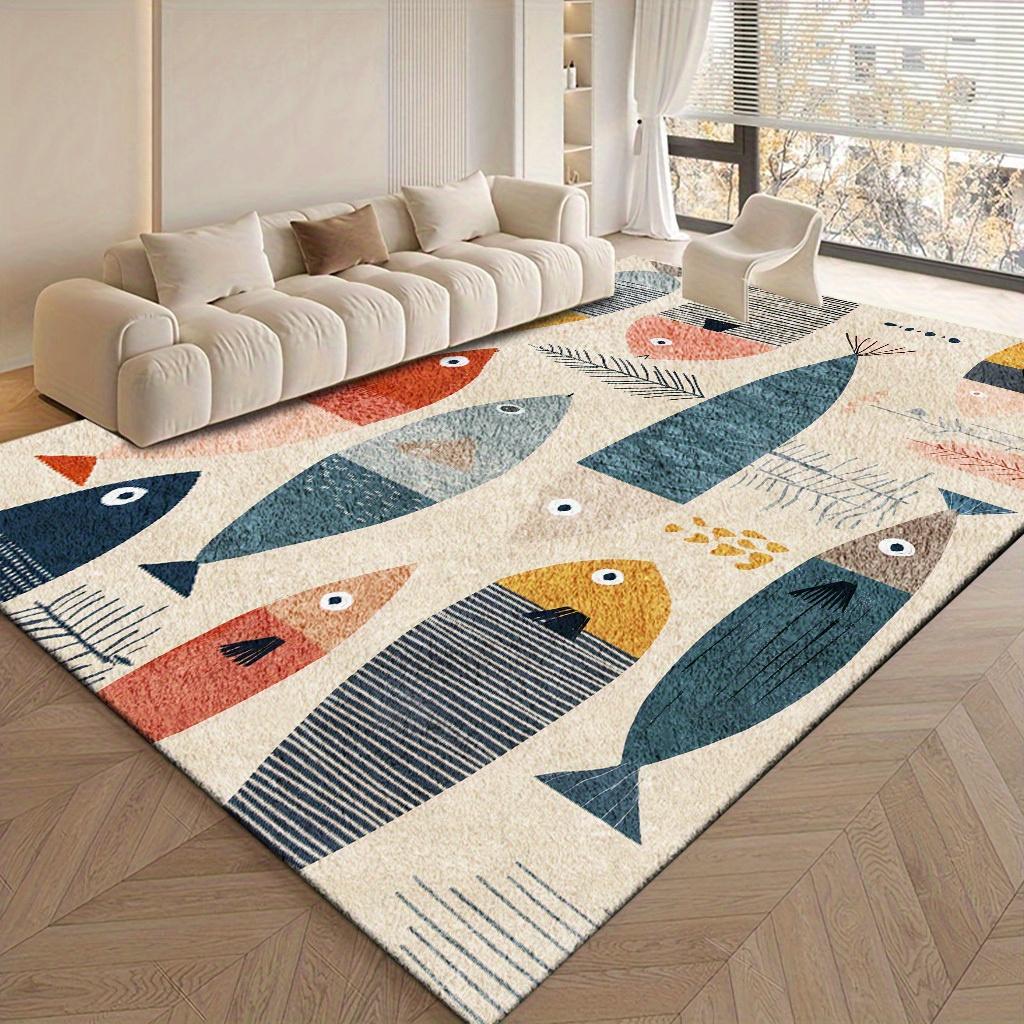 Colorful Little Fish Pattern Carpet, with Beige, Blue, Red, Machine Washable, Non-Slip Backing, Durable, Soft and Comfortable