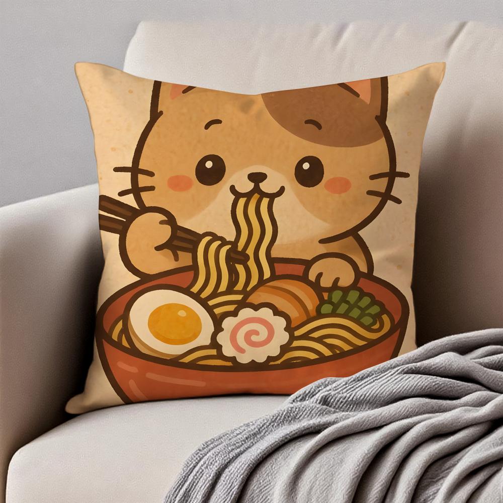R-Ramen Animal Anime Painting Cushion Cover Pillowcase Anti-Dustmite Invisible Zipper Short Plush Sofa Cushion