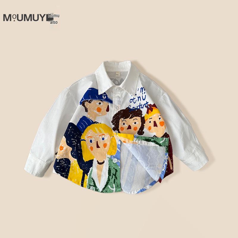 2025 Boys' Spring Cartoon Long-Sleeve Shirt - Korean Style Casual Cotton Top