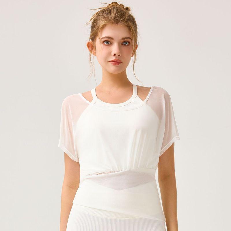 

Yoga Clothes Mesh Yarn False Two Pieces Short Sleeve with Chest Pad Cut Out Skinny Slimming Sports Tops Women Running Workout Blouse Twilight Snow White(Bra + blouse) F free size