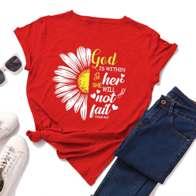 Damen Locker Rundhals Chrysanthemen-Buchstaben Reine Baumwolle Kurzarm T-Shirts Damen