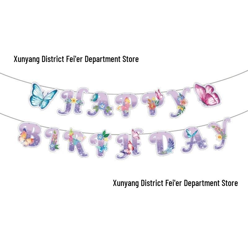 Pink Glitter Butterfly Birthday Banner with Bows and Flowers