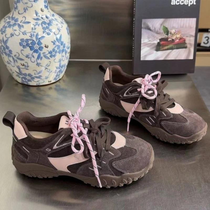 Fashion Women's Flat Sports Shoes Autumn New Round Head Splicing Front Lacing Soft Sole Anti-slip Wear-resistant Low-top Single Shoes