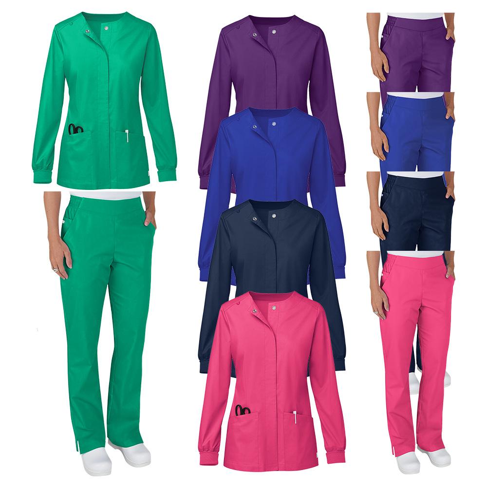 Damen Langarm Kasack-Anzug, Schönheitsstudio Druckknopf Cardigan Jacke Arzt Krankenschwester Arbeitsuniform Set
