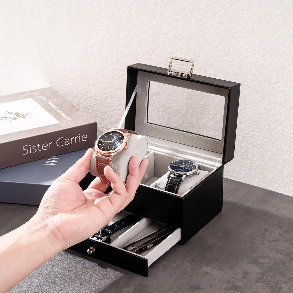 ProCase Men's Watch Box, 3-Slot Watch Display Case with Drawer, Men's Watch Case with Glass Lid, 2-Tier Jewelry Storage Holder Organizer