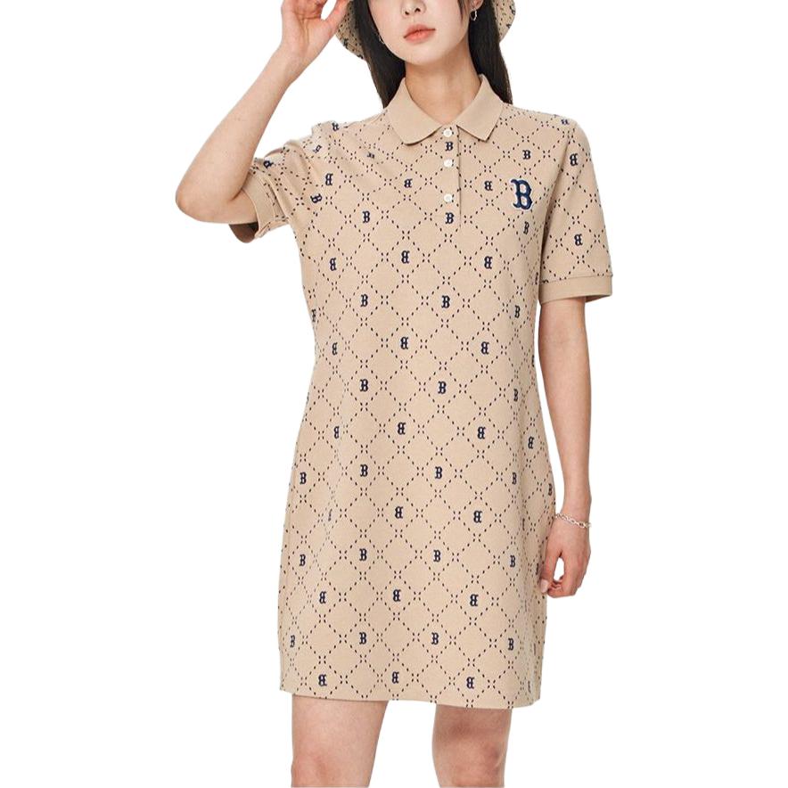 MLB Boston Red Sox Logo Print Polo Neck Casual Short Sleeve Dress Women dress Light-Sand-Brown 3FOPM0533-43SAL
