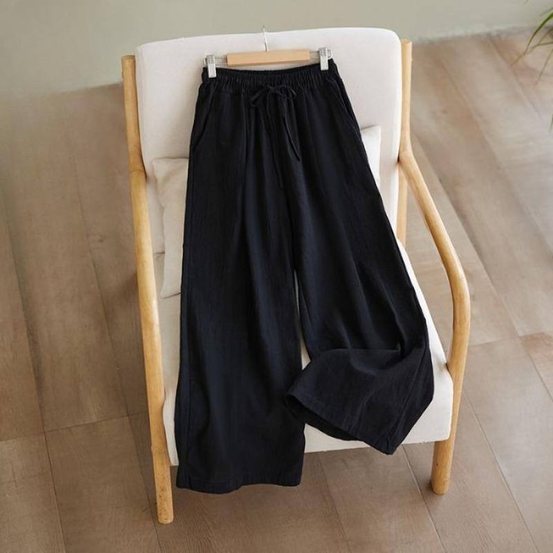 women s Elastic Waist Drawstring Linen Wide Leg Pants Casual Loose Straight Leg Trousers M чёрный