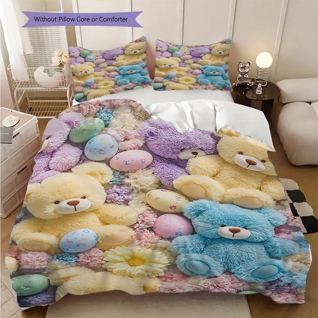 Teddy Bear Pattern Bedding Quilt Set Quilt Cover Pillowcase Home Decoration Birthday Gift (1 * duvet cover + 2 * pillowcase, without core)