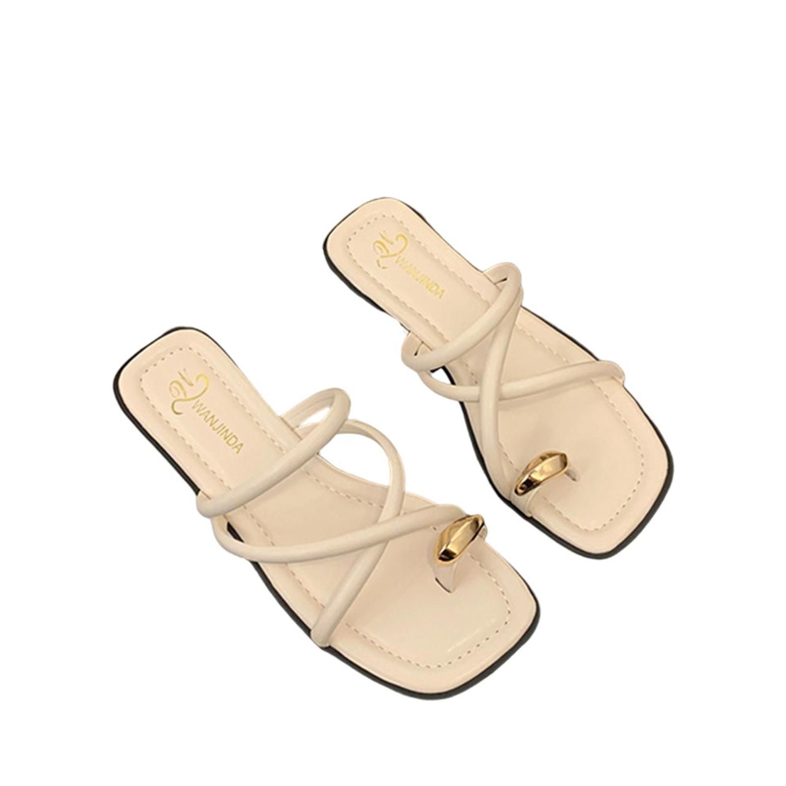 Metal Buckle Toe Loop Cross Strap Square Toe Flat Slide Sandals for Women Slip On Open Back Casual Footwear 36 бежевый