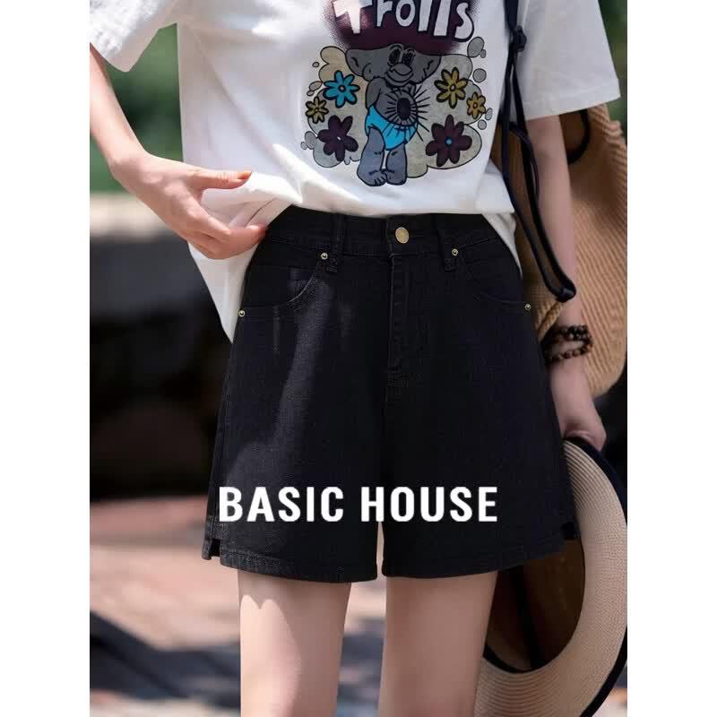 Basic House Women s Black Straight-Leg High-Waist Denim Shorts