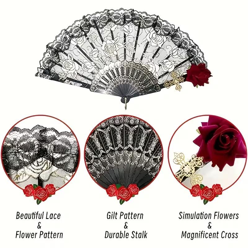Vintage Spanish Flamenco Folding Fan Rose Lace Hand Fan Elegant Black Decorative Fan for Wedding Party Stage Performance Costume Accessory