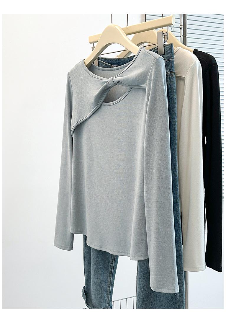

Plus Size Women s Slimming Long Sleeve T-shirt with Bow and Hollow Design 2XL синий