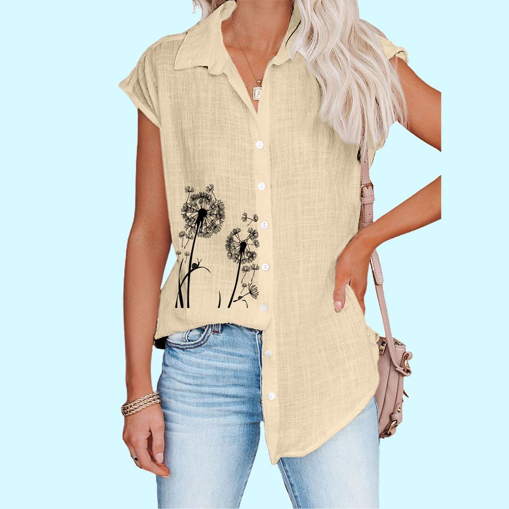 Women Fashion Sleeveless Shirt Spring/Summer Casual Print Top Ladies Thin Button-down Blouse