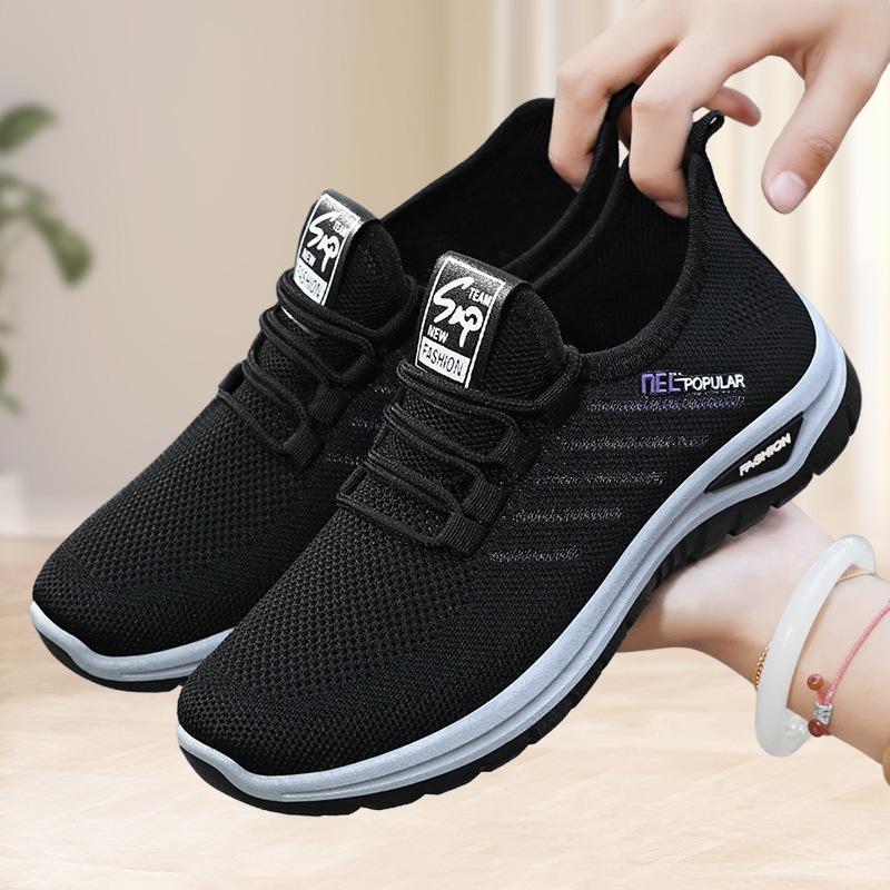 Shoes Female Couple Large Size Lace-up Sneakers Soft-soled Women's Shoes Fly-woven Breathable Casual Shoes Shallow Mouth Thick-soled Single Shoes