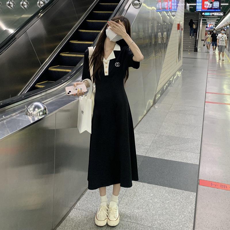 

Temperament polo collar black dress women s summer new mid-length dress niche design skirt 4XL