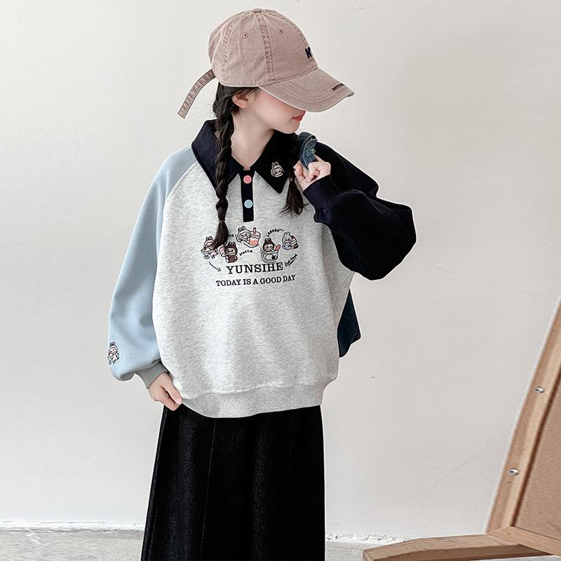 Mädchen 2025 Herbst Polokragen Raglanärmel Sweatshirt - Stilvolles Herbstoberteil für mittlere und große Kinder