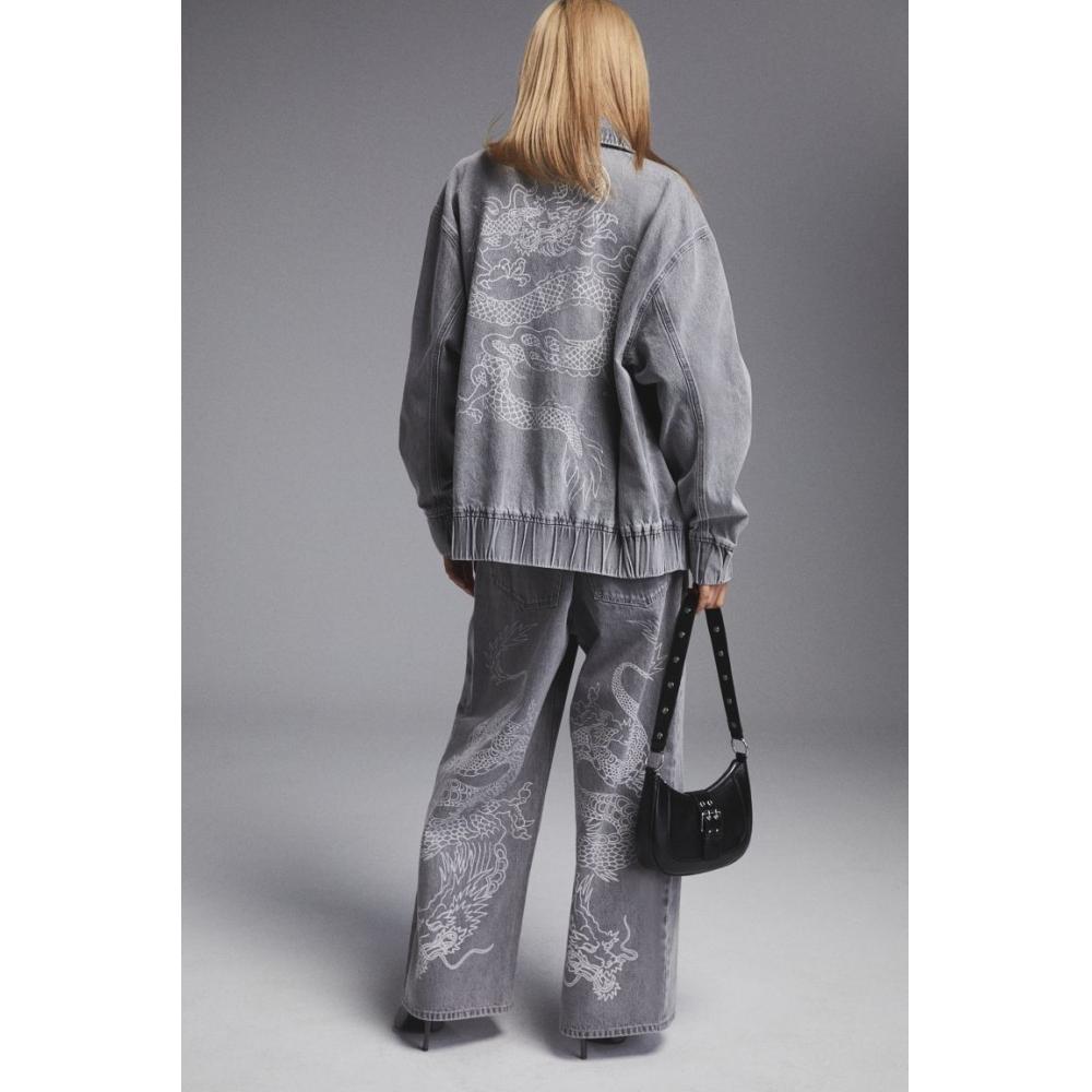 Buy H M Printed Denim Bomber Jacket Light Grey Dragon at