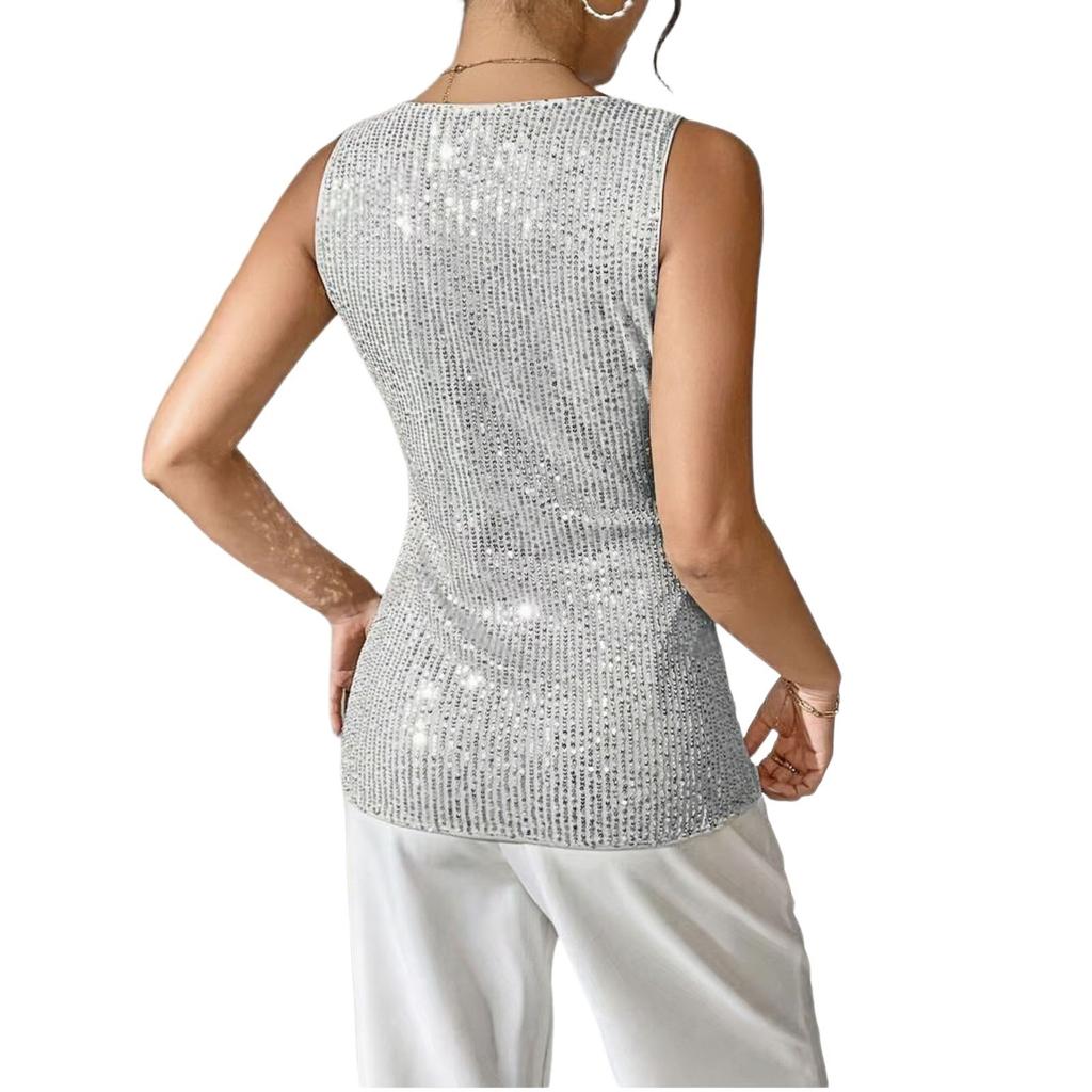 Damen Sexy Pailletten Tanktops Frühling Sommer Mode Glitzernde Ärmellose Shirts Party Glitzer Rundhals Tops Ausgehen