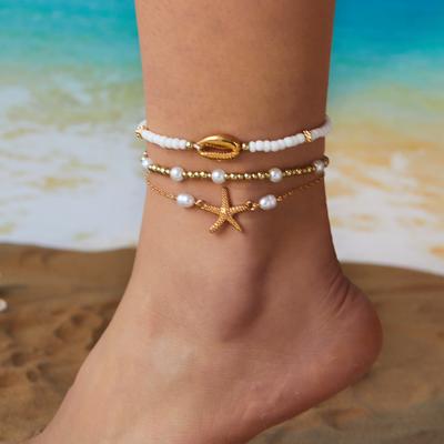 Fashion Handmade Beaded Anklet Set for Women Summer Metal Starfish Shell Multilayer Anklet Bohemian Vacation Jewelry Gift
