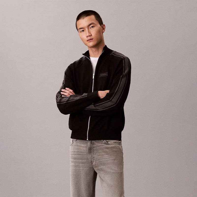 Calvin Klein Business Casual Letter Jacquard Color Block Small Stand Collar Knit Sweater Men Sweater 4LE306G